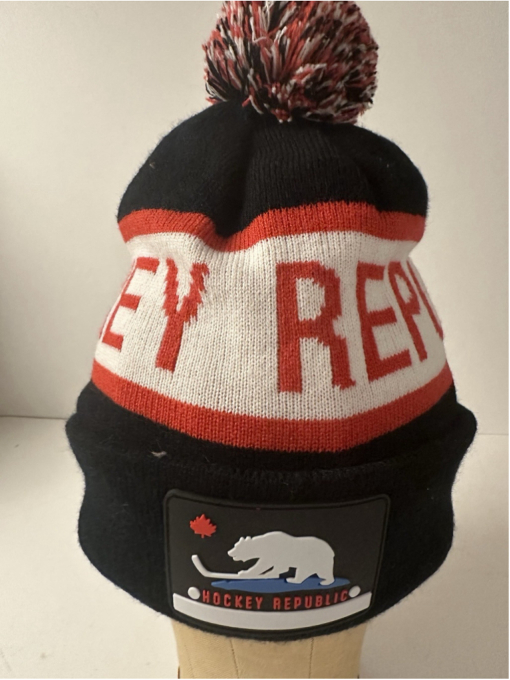 Hockey Republic Bear Logo Knit Pom Beanie Hat Cuff Toque Black Red White OSFM